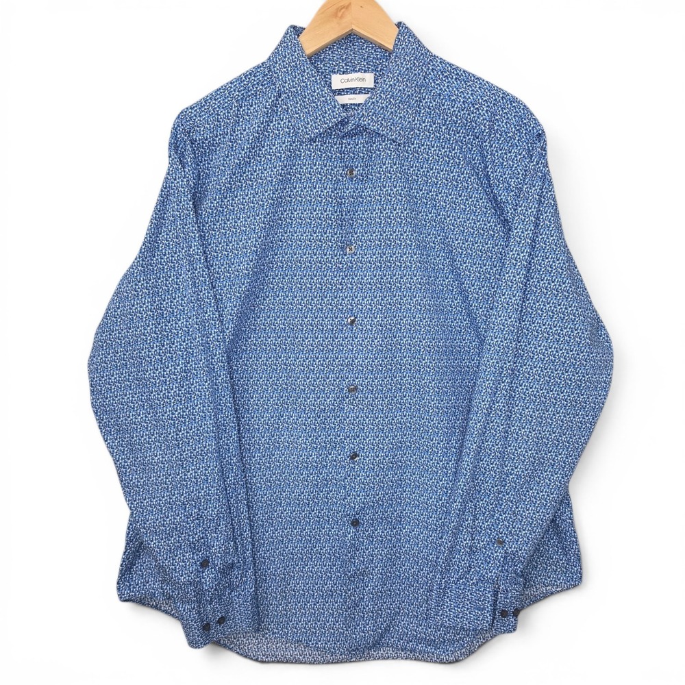 Calvin Klein Shirt Mens 17-17.5 34/35 XL Blue Button Slim Fit Long Sleeve Career
